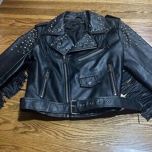 100% Cotton Black Pleather Studded Jacket with Fringe